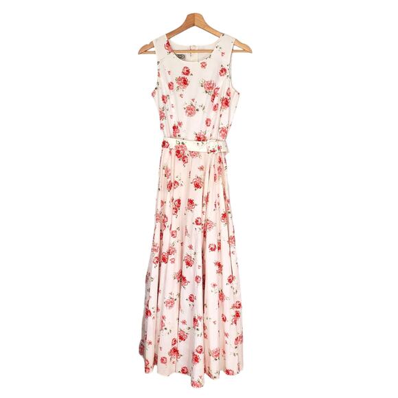 Laura Ashley Vintage 90s Floral Rose Belted Maxi Dress White Pink Cottage Size 8 - Picture 2 of 9